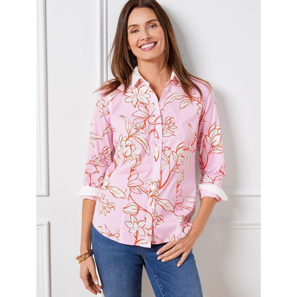 Talbots Women's Non-Iron Floral Stripe Button Down Shirt Size 8